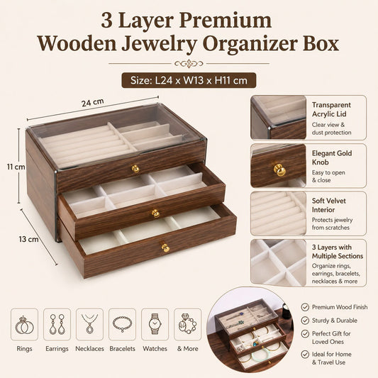 Luxury 3-Layer Wooden Jewelry Organizer Box Size 24 x 13 x 11 cm.