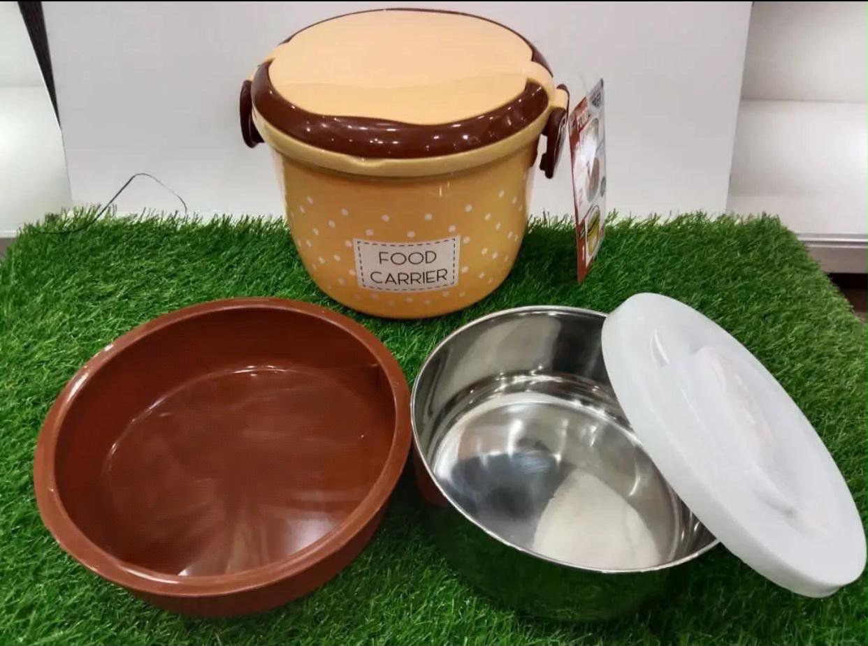 2-in-1 Dotted Thermal Lunch Box with Mini Steel Container – Portable Round Food Carrier Tiffin Box