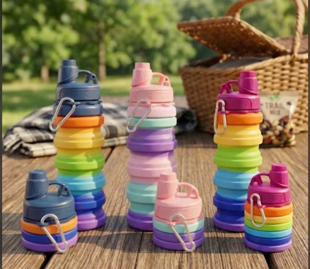 Rainbow Collapsible Folding Water Bottles for Kids, Students, Adults, Reusable BPA Free Silicone Foldable Sports Water Bottles for Travel Camping Hiking,