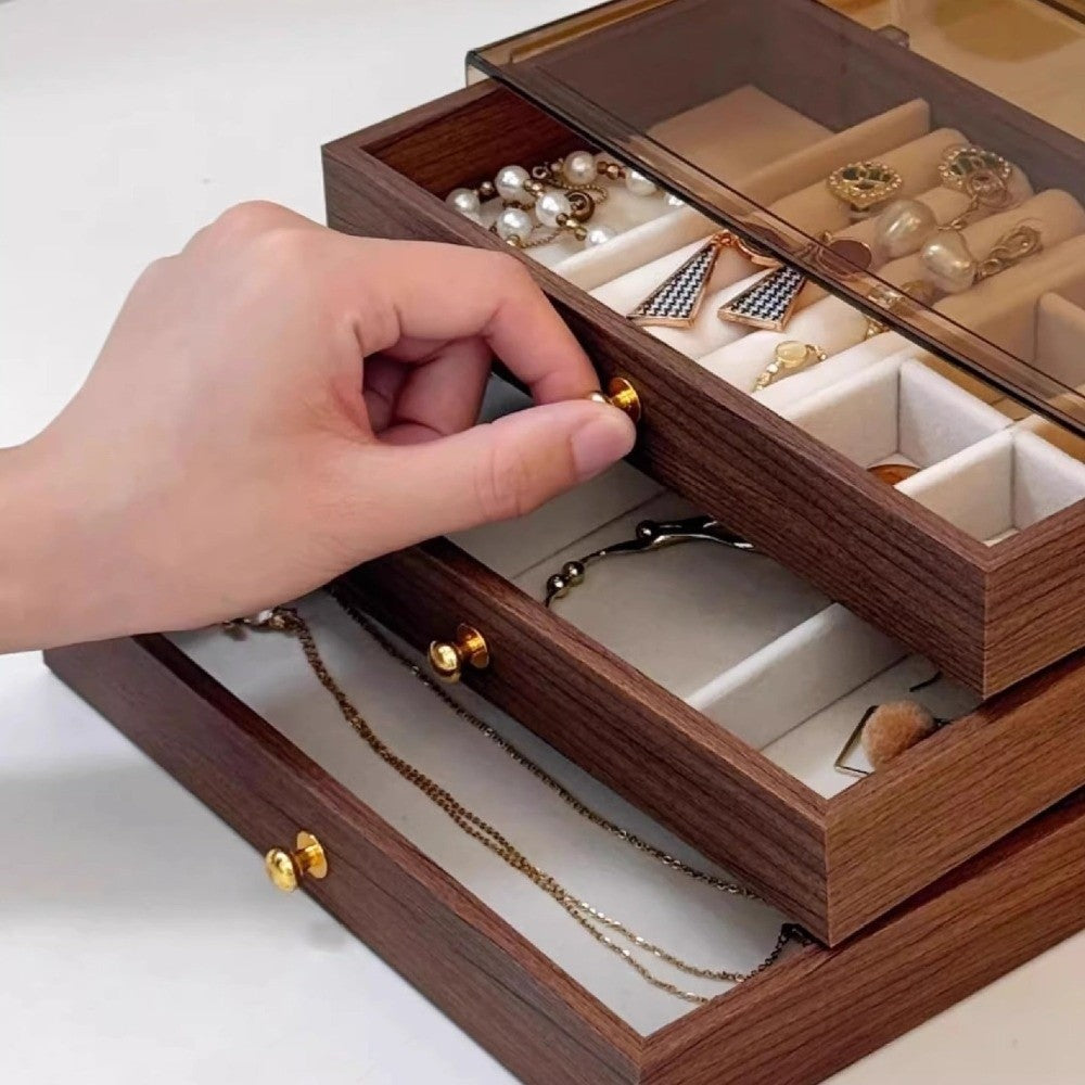 Luxury 3-Layer Wooden Jewelry Organizer Box Size 24 x 13 x 11 cm.