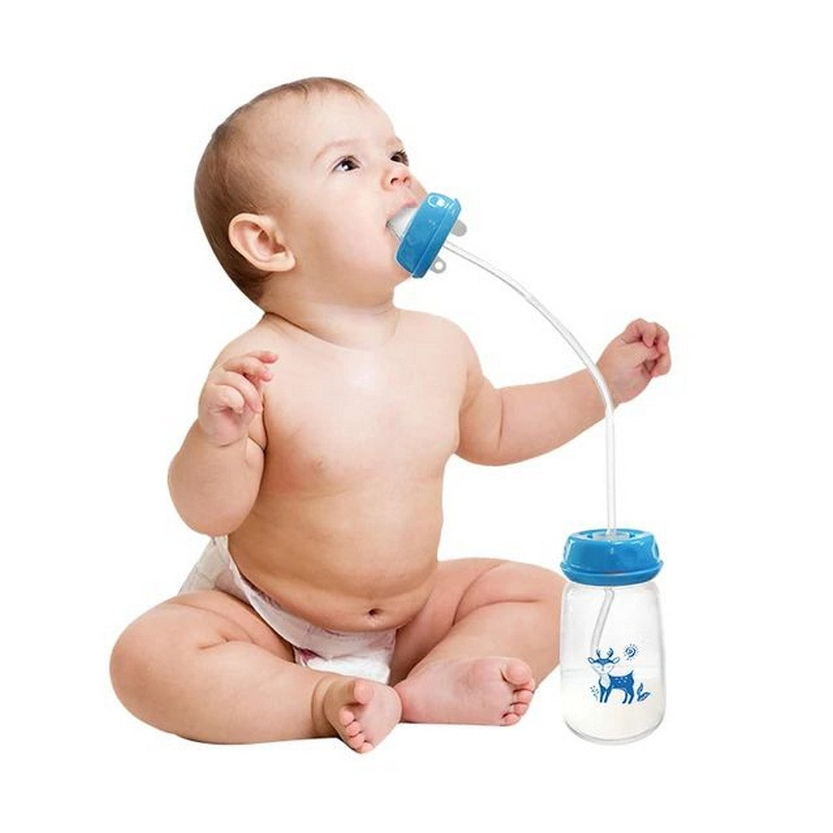 1 Piece Self-Feeding 250ml Baby Bottle Set With Straw Brush, Feeding Bottle 5oz/150ml PP Feeding Bottle, Hands Free Anti-Colic Nursing System Normal-Neck Blue Milk Bottle