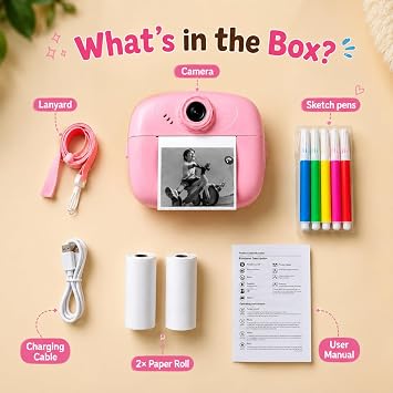 Kids Instant Print Camera – Portable Digital HD Photo & Video Camera for Kids, Built-in Games, Educational Learning Toy for Boys & Girls, Includes 2 Print Rolls, for Birthdays