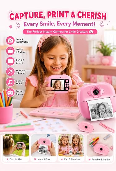 Kids Instant Print Camera – Portable Digital HD Photo & Video Camera for Kids, Built-in Games, Educational Learning Toy for Boys & Girls, Includes 2 Print Rolls, for Birthdays