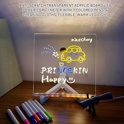Lighted Acrylic Message Board - Clear LED Reusable Dry Erase Panel, Adjustable Brightness Writing | Living Rooms Dorms Bedrooms Classrooms Home Office Neon Glow Display Stand Wall Mount USB Po