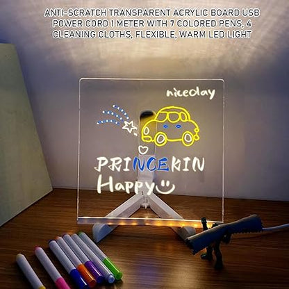 Lighted Acrylic Message Board - Clear LED Reusable Dry Erase Panel, Adjustable Brightness Writing | Living Rooms Dorms Bedrooms Classrooms Home Office Neon Glow Display Stand Wall Mount USB Po