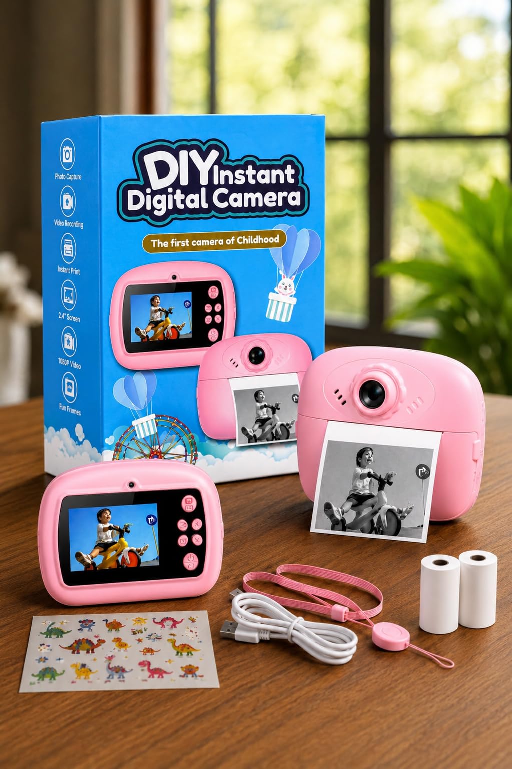 Kids Instant Print Camera – Portable Digital HD Photo & Video Camera for Kids, Built-in Games, Educational Learning Toy for Boys & Girls, Includes 2 Print Rolls, for Birthdays
