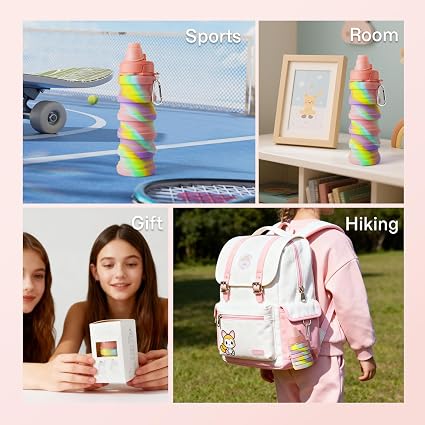 Rainbow Collapsible Folding Water Bottles for Kids, Students, Adults, Reusable BPA Free Silicone Foldable Sports Water Bottles for Travel Camping Hiking,