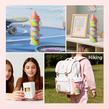 Rainbow Collapsible Folding Water Bottles for Kids, Students, Adults, Reusable BPA Free Silicone Foldable Sports Water Bottles for Travel Camping Hiking,