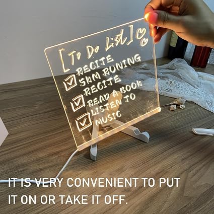 Lighted Acrylic Message Board - Clear LED Reusable Dry Erase Panel, Adjustable Brightness Writing | Living Rooms Dorms Bedrooms Classrooms Home Office Neon Glow Display Stand Wall Mount USB Po