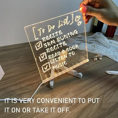 Lighted Acrylic Message Board - Clear LED Reusable Dry Erase Panel, Adjustable Brightness Writing | Living Rooms Dorms Bedrooms Classrooms Home Office Neon Glow Display Stand Wall Mount USB Po