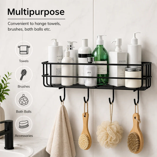 Self-Adhesive Multipurpose Bathroom Shelf with Hooks - Durable Storage Solution