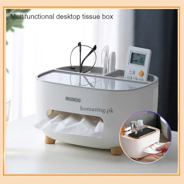 Ecoco Tissue Box Cover Holder with Storage, Napkin Tissue Box, Multi-Function Tissue Box ABS Material Storage Organizer Caddy for Bathroom, Bedroom and Office.