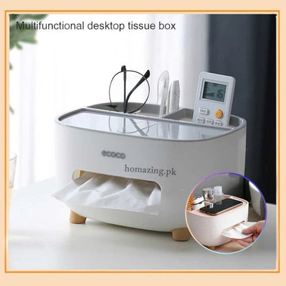Ecoco Tissue Box Cover Holder with Storage, Napkin Tissue Box, Multi-Function Tissue Box ABS Material Storage Organizer Caddy for Bathroom, Bedroom and Office.