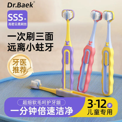 Korean brand children's three-sided toothbrush: soft bristles for gentle care during teething and tooth replacement in kids aged 3-12. provides comprehensive, all-around cleaning with no missed spots!