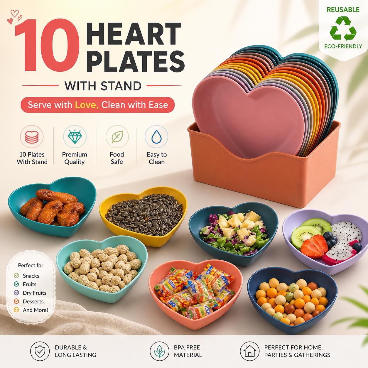 10pcs Multi-color Heart Shaped Plates with Tray.5 x 5.5 Inch, Unbreakable Salad Dessert Snack Plates Appetizer Sauce Dish Dipping Snack Fruit Dessert Steak Serving for Dinner, Party,