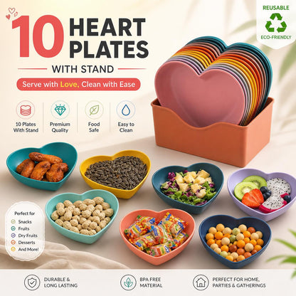 10pcs Multi-color Heart Shaped Plates with Tray.5 x 5.5 Inch, Unbreakable Salad Dessert Snack Plates Appetizer Sauce Dish Dipping Snack Fruit Dessert Steak Serving for Dinner, Party,