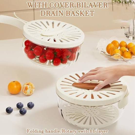 Fruit Drain Basket with Lid, Vegetable Fruit Washing Bowl Storage Container