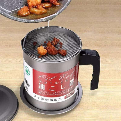 1.4 L Fryer Oil Filter Pot | Carbon Steel Jug with Stainless Steel Strainer & Lid for Reusable Cooking Oil Storage