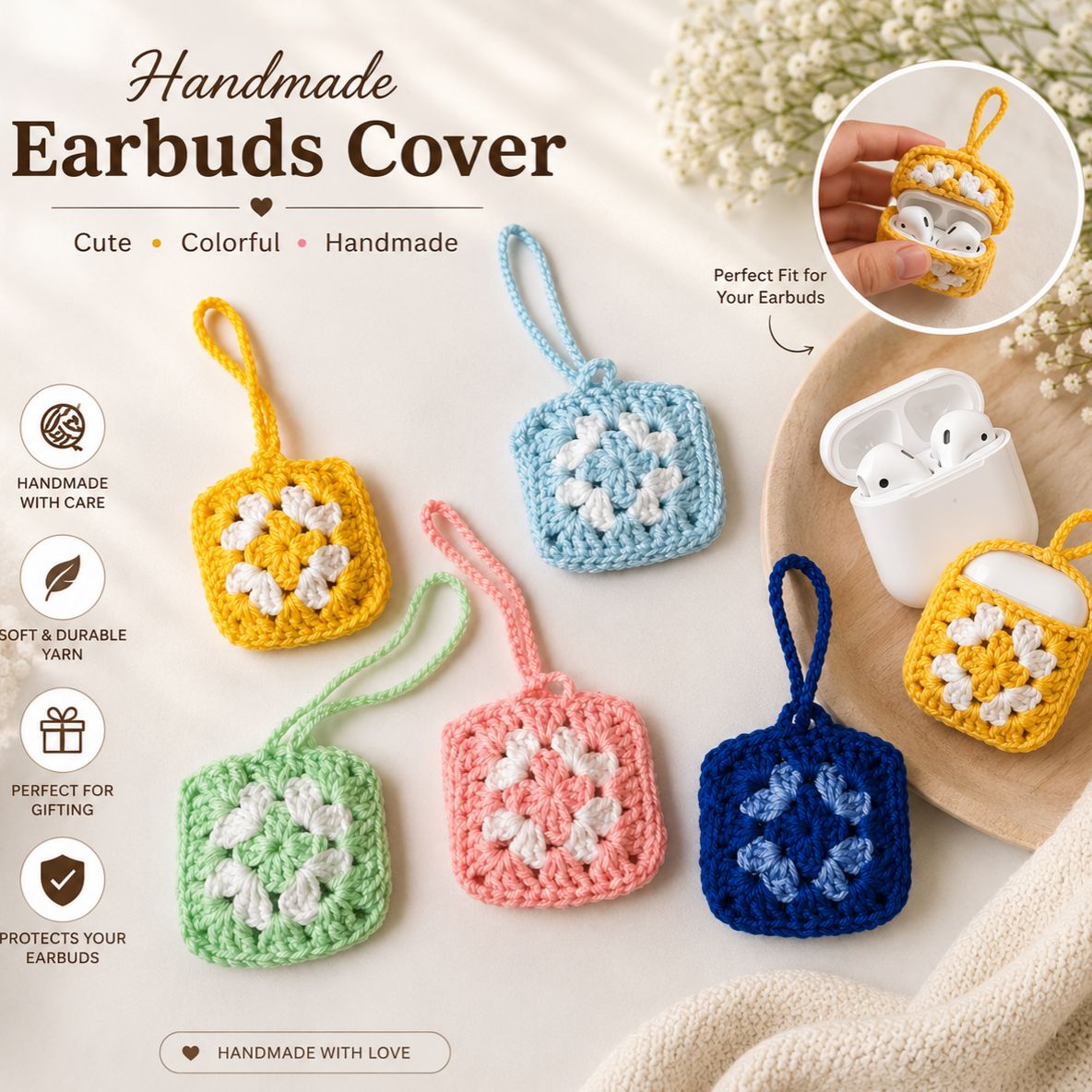 🌸 Hand-Crocheted Granny Square Earbuds Case – Style Meets Protection! 🌸