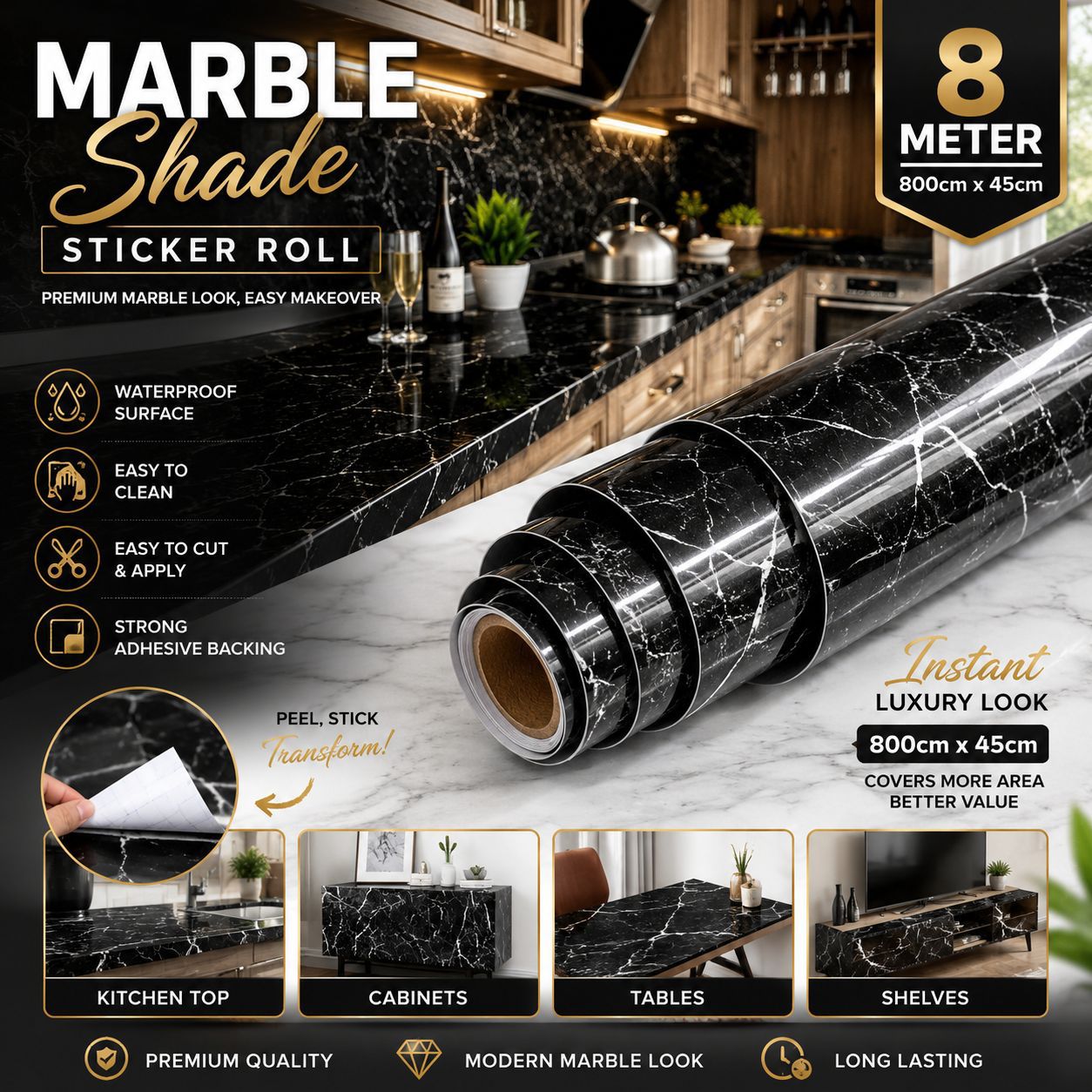 White Marble Shade 800cm by 45cm 🔥 8 Meter Big Size Sticker Roll