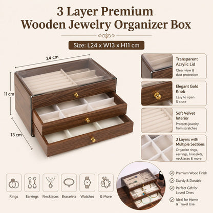 Luxury 3-Layer Wooden Jewelry Organizer Box Size 24 x 13 x 11 cm.