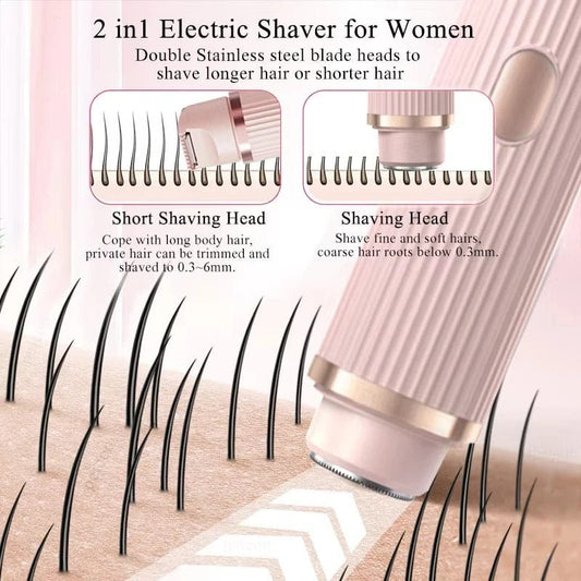 Double Head Electric Shaver for Women, 2 in 1 Electric Razor Women, Intimate Shaver Female Bikini Trimmer Waterproof Razor Painless Wet/Dry Epilator for Face Bikini Armpits Legs Arms Body