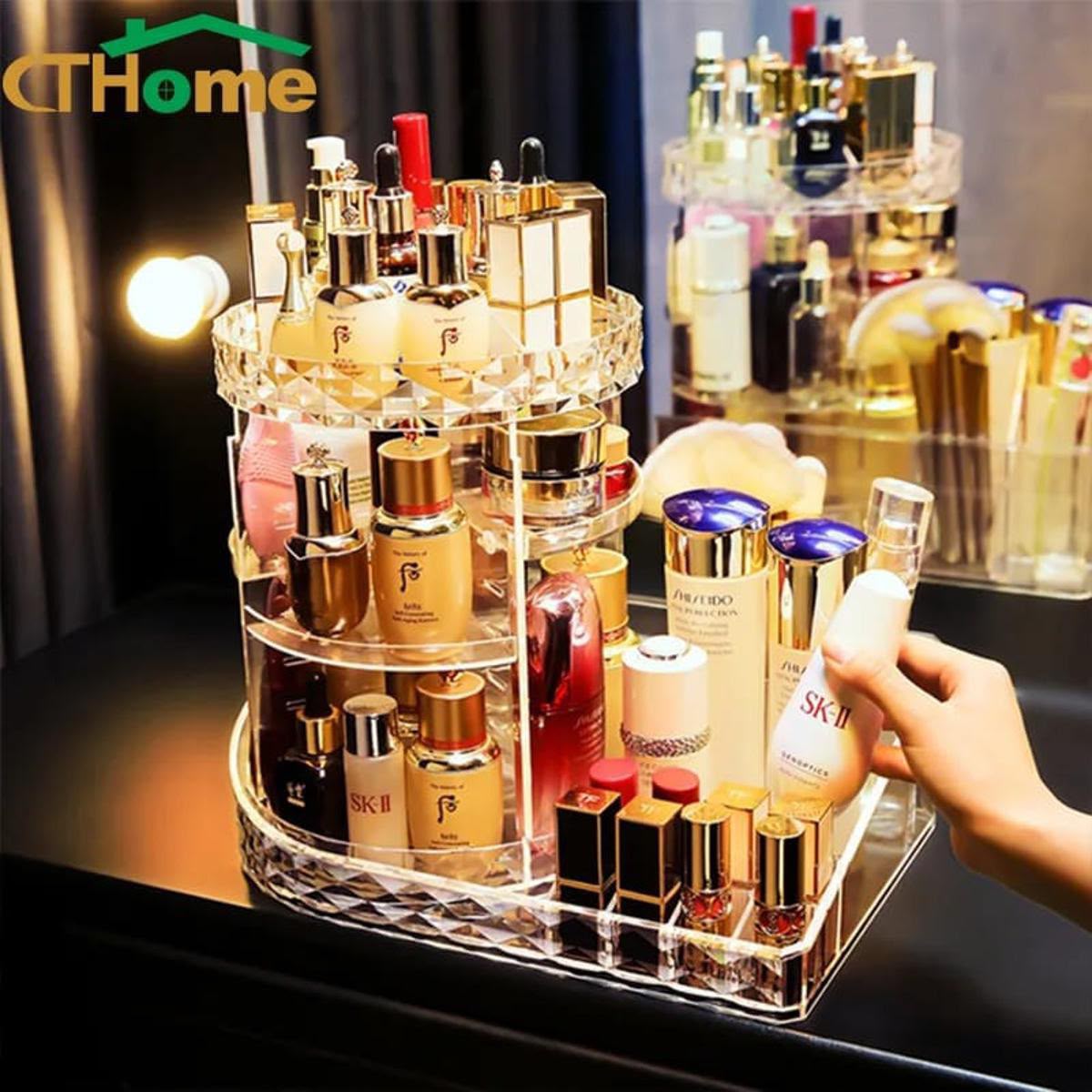 360 Degree Rotating Organizer with arclyic Tray you Can Store Huge Makeup in this Organizer