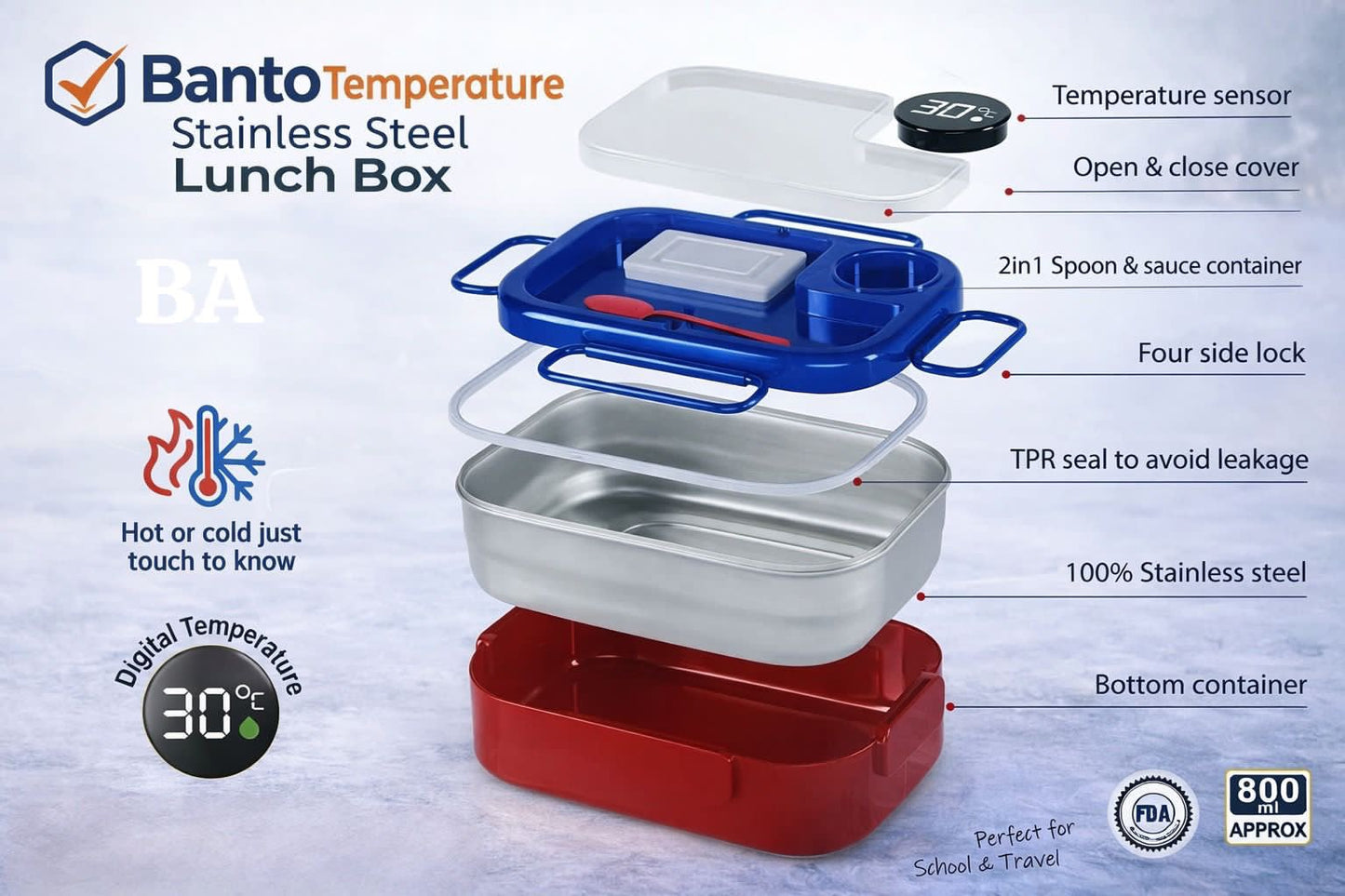 Smart Stainless Steel Bento Lunch Box with LED Temperature Display | Leak-Proof Insulated Food Container | Random colour