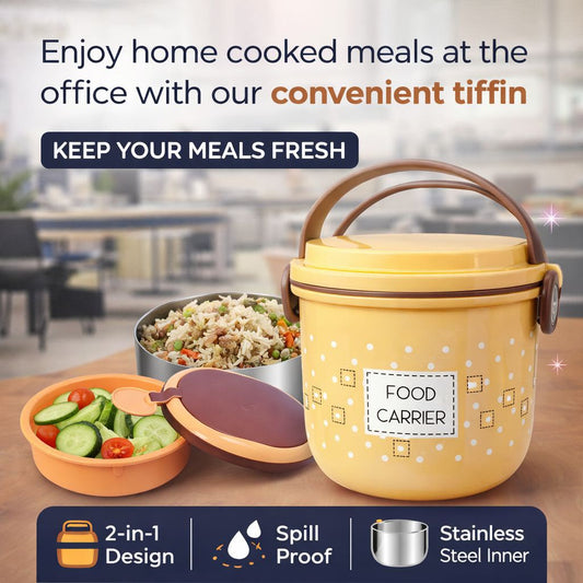 2-in-1 Dotted Thermal Lunch Box with Mini Steel Container – Portable Round Food Carrier Tiffin Box