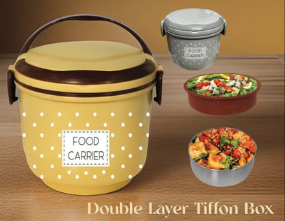 2-in-1 Dotted Thermal Lunch Box with Mini Steel Container – Portable Round Food Carrier Tiffin Box