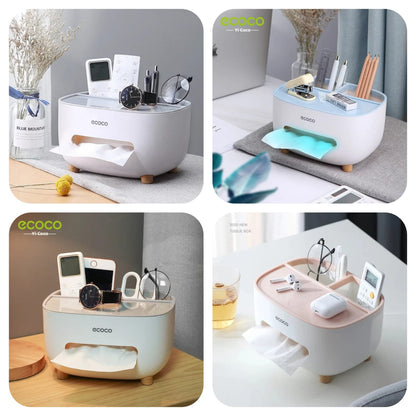 Ecoco Tissue Box Cover Holder with Storage, Napkin Tissue Box, Multi-Function Tissue Box ABS Material Storage Organizer Caddy for Bathroom, Bedroom and Office.