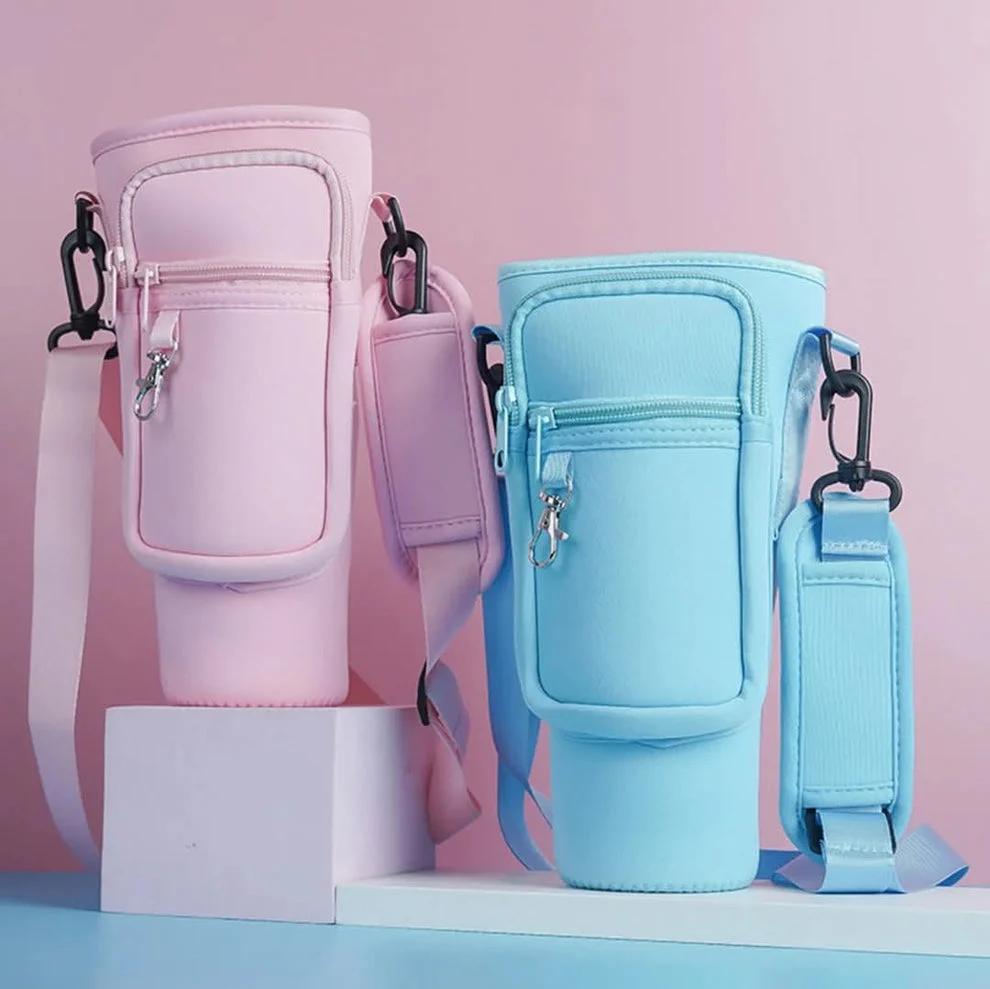 Insulated tumbler Carrier caddy with adjustable strap and Phone Pocket for Quencher Cup with Handle Water Bottle Holder Pouch
