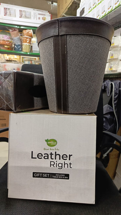 Leather gift set of dustbin and tissue box