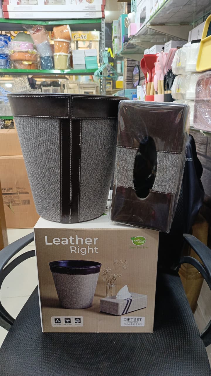 Leather gift set of dustbin and tissue box
