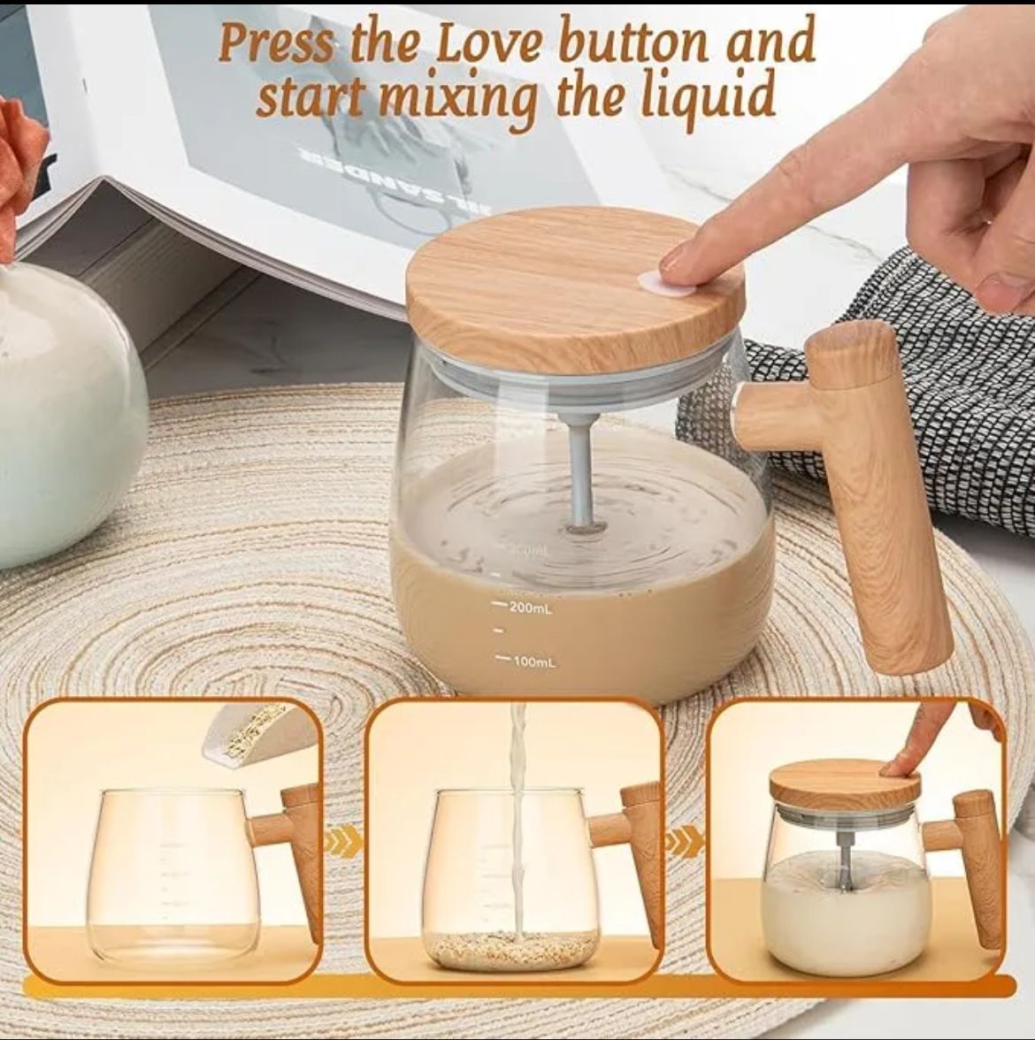 400ml Self Stirring Glass Coffee Mug with Lid, Automatic Electric Mixing Cup with Wooden Style Handle, High Borosilicate Glass Mug for Coffee, Tea, Milk, Protein Drinks, Home & Office
