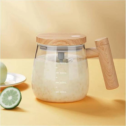 400ml Self Stirring Glass Coffee Mug with Lid, Automatic Electric Mixing Cup with Wooden Style Handle, High Borosilicate Glass Mug for Coffee, Tea, Milk, Protein Drinks, Home & Office