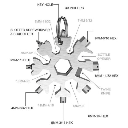 18 In 1 Snowflake Wrench Multi Tool Spanner Hex Multifunction Stainless Steel Survival Tools Screwdriver Bottle Opener Allen Key Keyring Pocket Portable EDC Keychain Compact Universal For Repairing Gadget Household Equipment Travel Hiking Cycling
