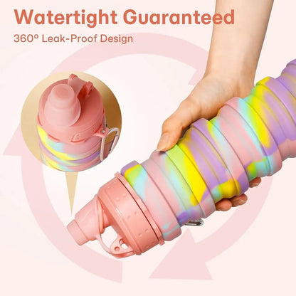 Rainbow Collapsible Folding Water Bottles for Kids, Students, Adults, Reusable BPA Free Silicone Foldable Sports Water Bottles for Travel Camping Hiking,