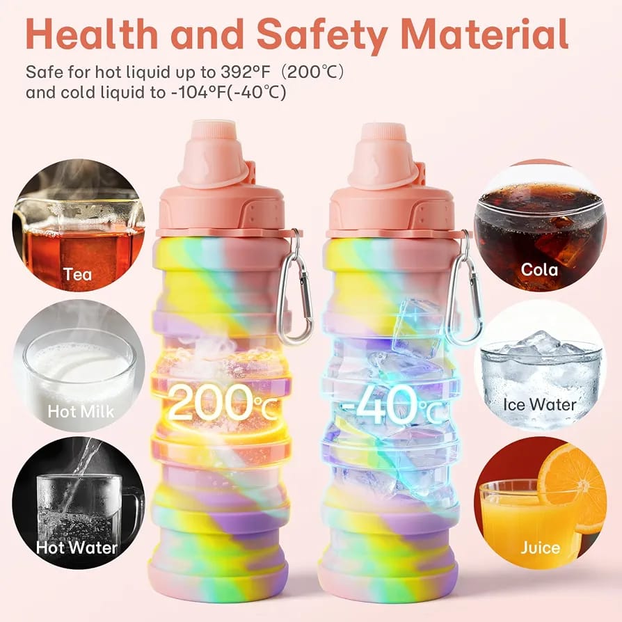 Rainbow Collapsible Folding Water Bottles for Kids, Students, Adults, Reusable BPA Free Silicone Foldable Sports Water Bottles for Travel Camping Hiking,