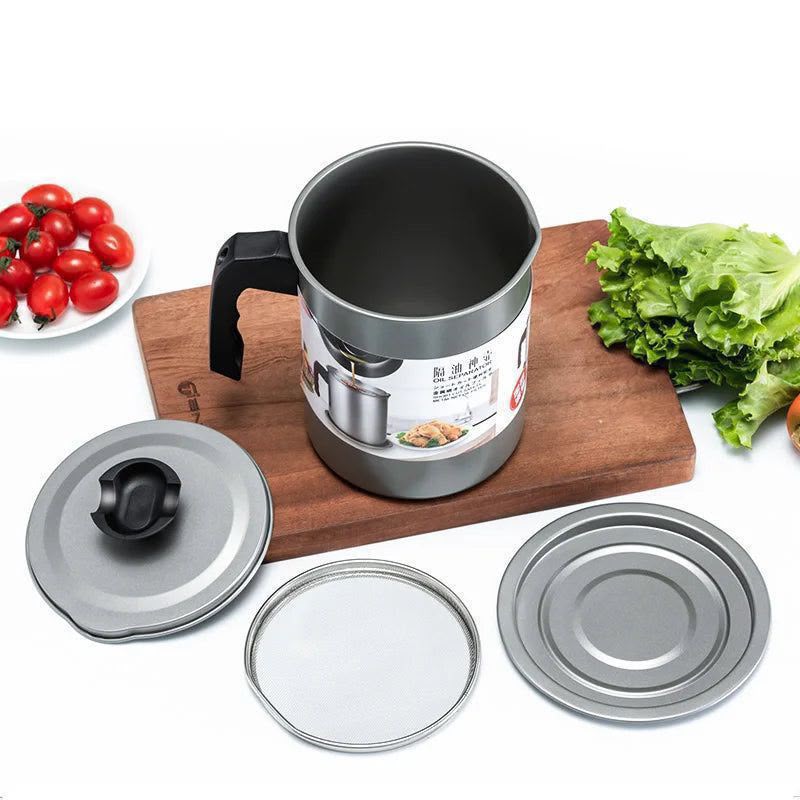 1.4 L Fryer Oil Filter Pot | Carbon Steel Jug with Stainless Steel Strainer & Lid for Reusable Cooking Oil Storage