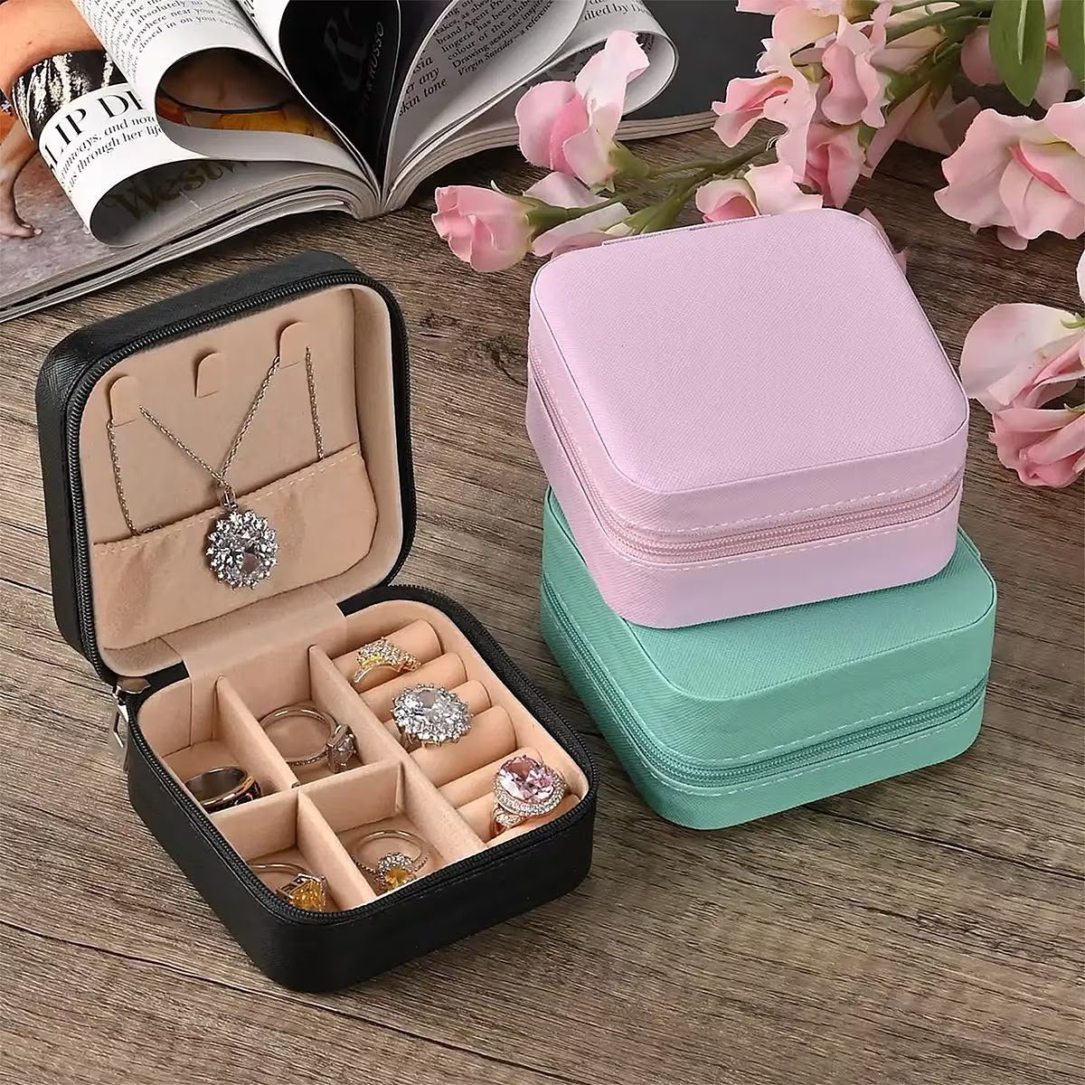 PU Leather Small Jewelry Box Necklace Ring Storage Organizer Mini Jewelry case Double Layer Travel Jewelry Organizer for Women Girls Gift (10cmx10cmx5,