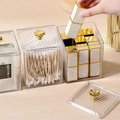 Acrylic Makeup Cotton Pad & Swabs Storage Holder,Transparent Acrylic Design – Crystal‑clear box for elegant vanity display. Dust‑Proof Lid with Gold Knob – Protects cotton pads...