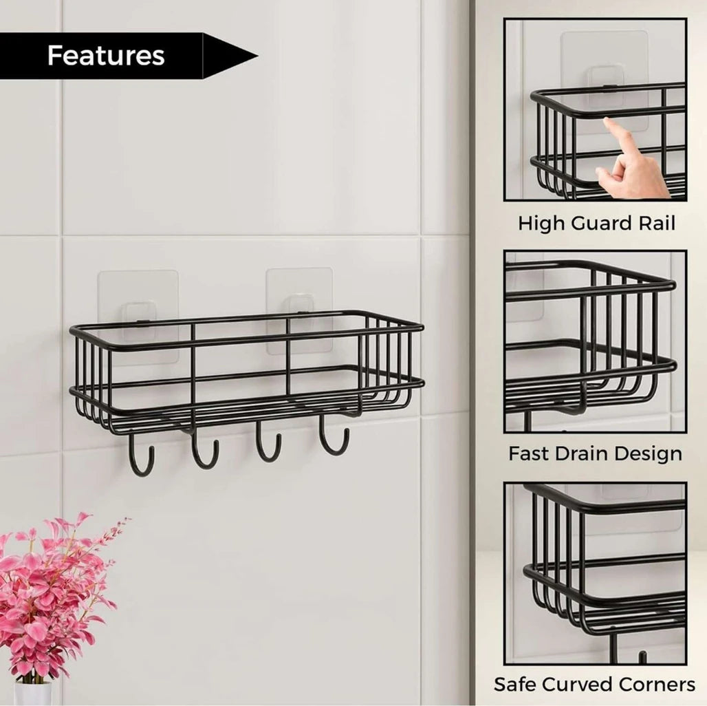 Self-Adhesive Multipurpose Bathroom Shelf with Hooks - Durable Storage Solution