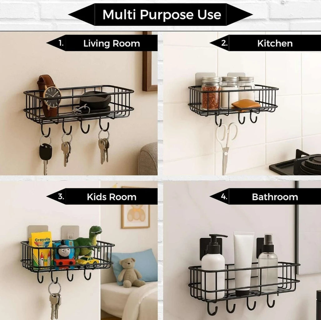 Self-Adhesive Multipurpose Bathroom Shelf with Hooks - Durable Storage Solution