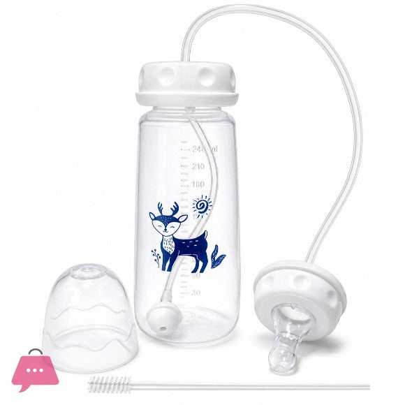 1 Piece Self-Feeding 250ml Baby Bottle Set With Straw Brush, Feeding Bottle 5oz/150ml PP Feeding Bottle, Hands Free Anti-Colic Nursing System Normal-Neck Blue Milk Bottle