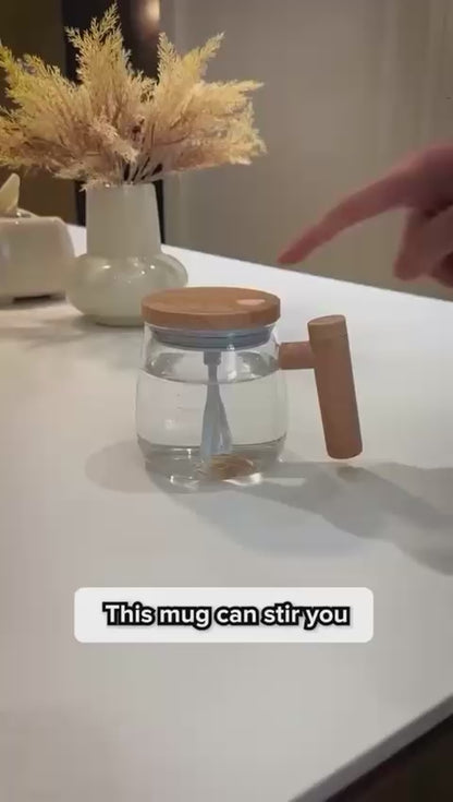 400ml Self Stirring Glass Coffee Mug with Lid, Automatic Electric Mixing Cup with Wooden Style Handle, High Borosilicate Glass Mug for Coffee, Tea, Milk, Protein Drinks, Home & Office