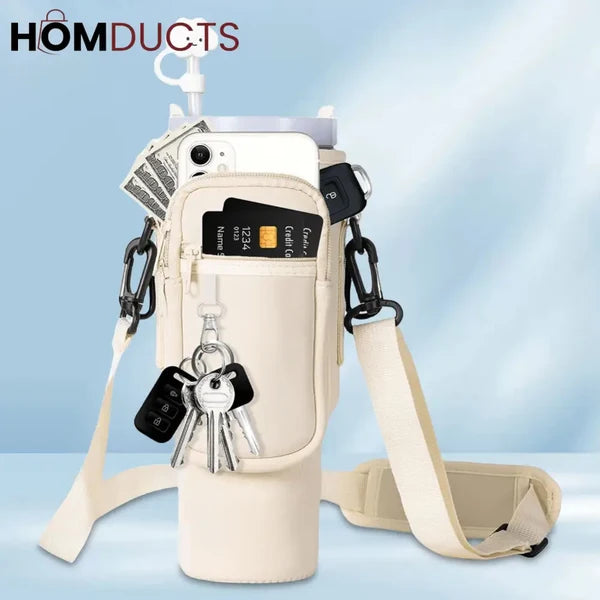 Insulated tumbler Carrier caddy with adjustable strap and Phone Pocket for Quencher Cup with Handle Water Bottle Holder Pouch