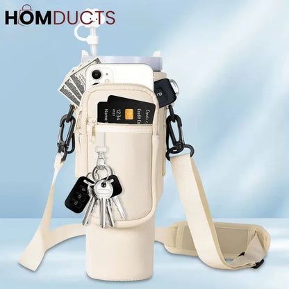 Insulated tumbler Carrier caddy with adjustable strap and Phone Pocket for Quencher Cup with Handle Water Bottle Holder Pouch